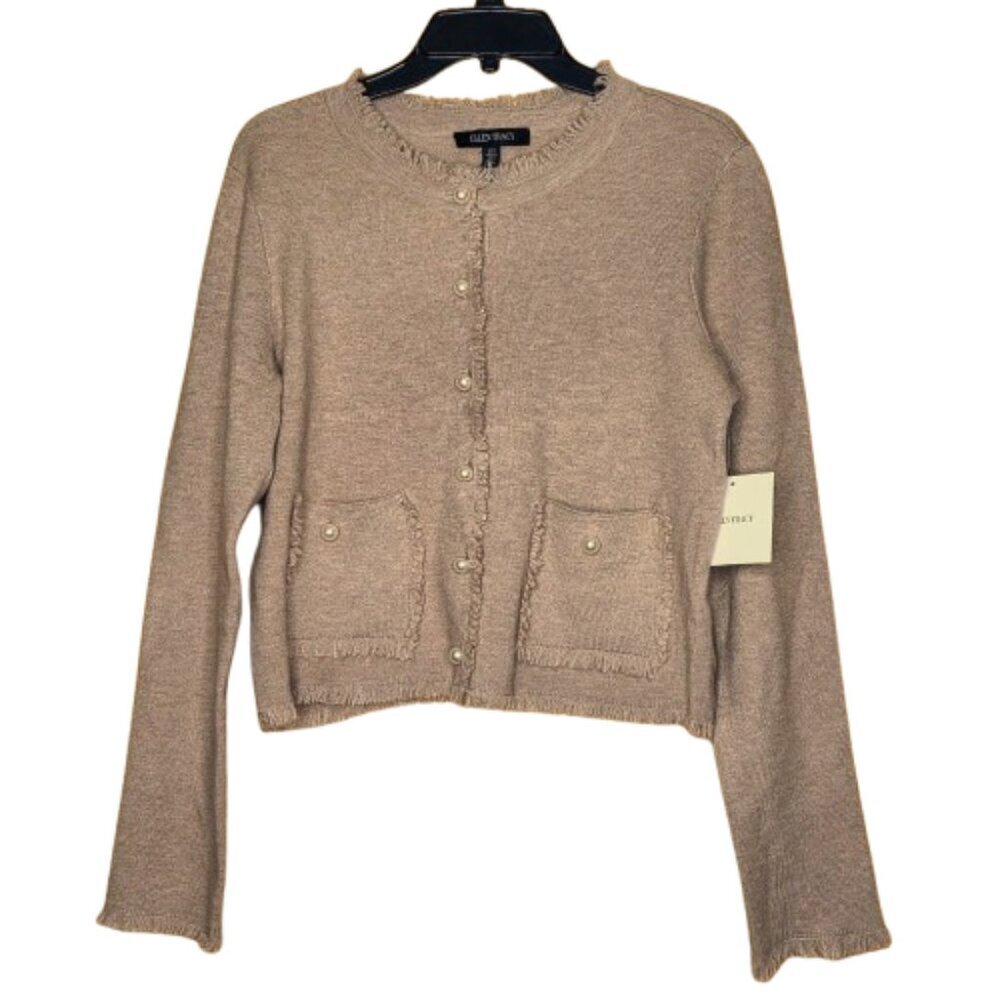 Ellen Tracy Faux Pearl Button Cardigan - Taupe Mix, Medium